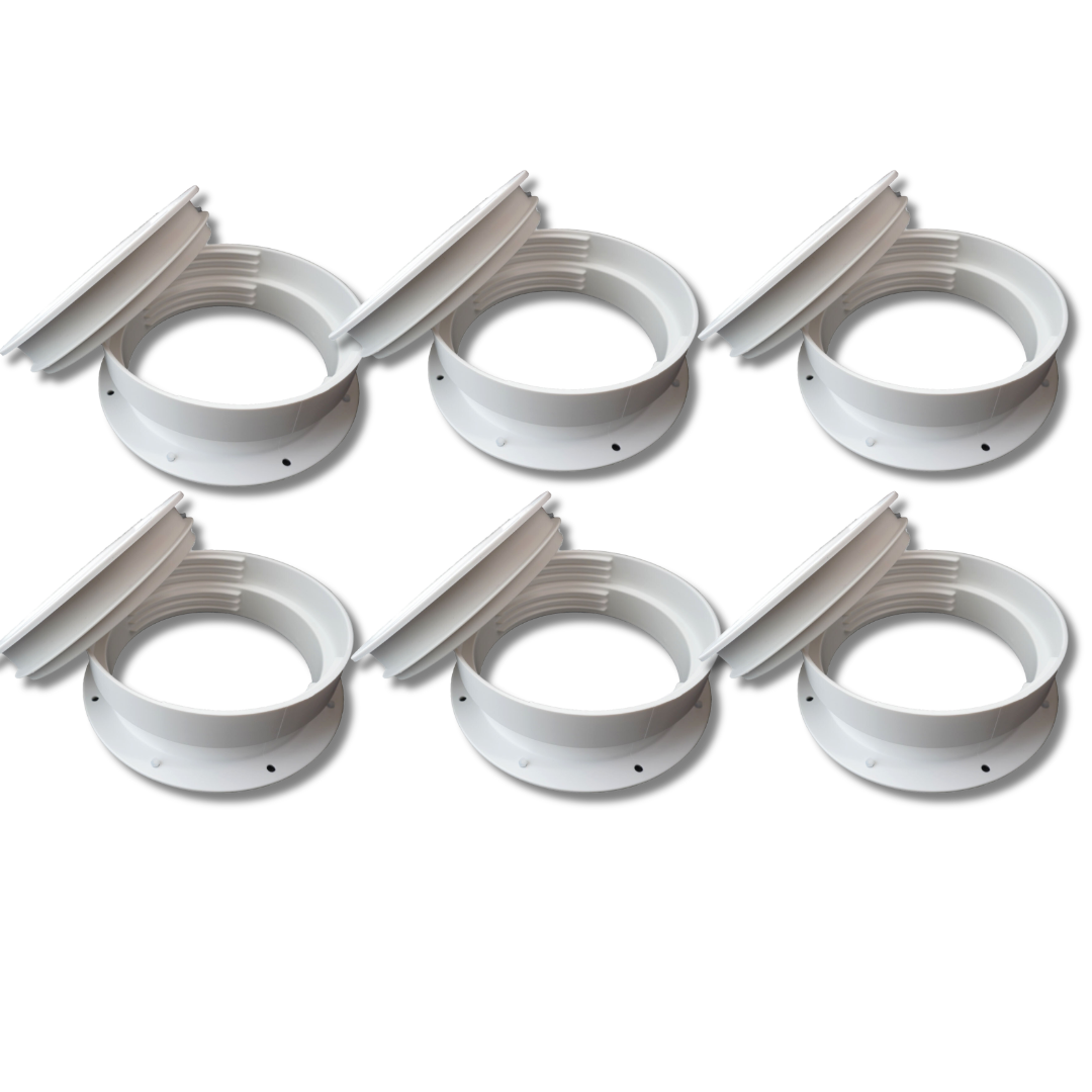 6 Dual Size Wall Mount Connector for Portable AC Vent, 6 and 6.5 Inches Hose Compatible, White, Cover Plug Included, Omni-directional (Pack of 6)